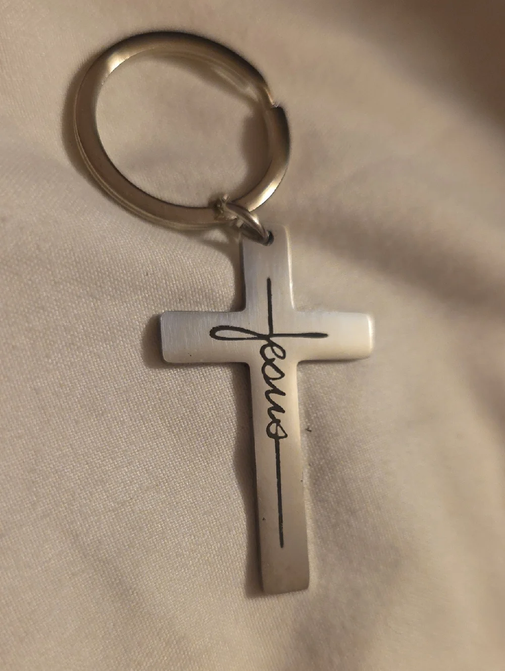 Silver Cross Keychain with 'Jesus' Script